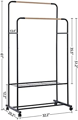 YOUDENOVA Rolling clothing Rack na točkovima, duple šine stalak za odjeću sa 2 nivoa metalne police & amp; korpe za skladištenje za