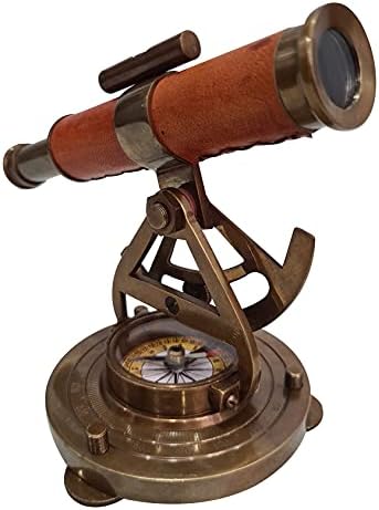 Nautički antikni finiš mesinga i koža Theodolitna navigacijska anketa instrument morskih alidada kompas teleskop