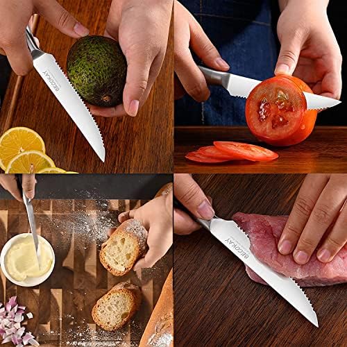Becokay Serrirani noževi odresci 4, 7 inčni santoku nož, ultra oštri kuharski noževi, azijski japanski nož od nehrđajućeg čelika visokog