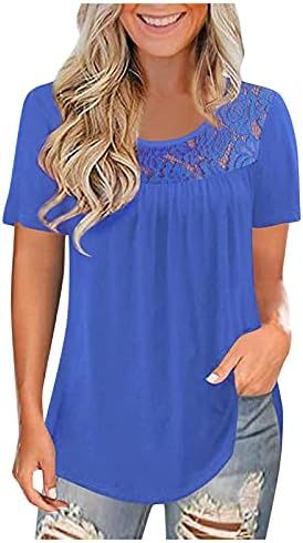 NEARTIME žene čipkasti vrhovi okrugli vrat kratki rukav majice ljeto labave Fit Folds bluza Casual Tunic Top