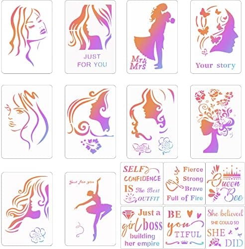 16pcs Ženske tematske šablone cvjetno žensko lice i inspirativno citat šablona za kućnu zidnu umjetnost Dekor slika na platnu papirsko