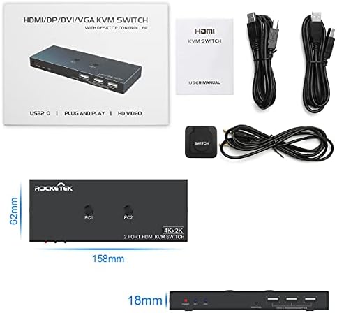 HDMI KVM Switch 4Kx2K @60Hz, dijelite 2 računara na jedan Monitor USB KVM Switcher Adapter, podržava automatsko skeniranje i prekidač