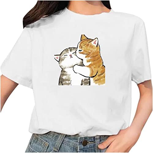 Žene ljetne bijele vrhove slatke mačke grafičke košulje kratki rukav ležerni trendi okrugli izrez labavi fit mashirt bluza
