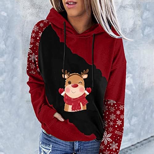Božićne dukseve za žene slatka snjegović pulover casual colorblock dugih rukava s kapuljačom s kapuljačom s džepom