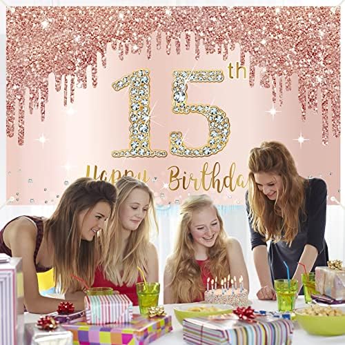 Happy 15th Birthday Banner backdrop dekoracije za djevojčice, Rose Gold 15 Birthday Party sign Supplies, Pink 15 Year old Birthday