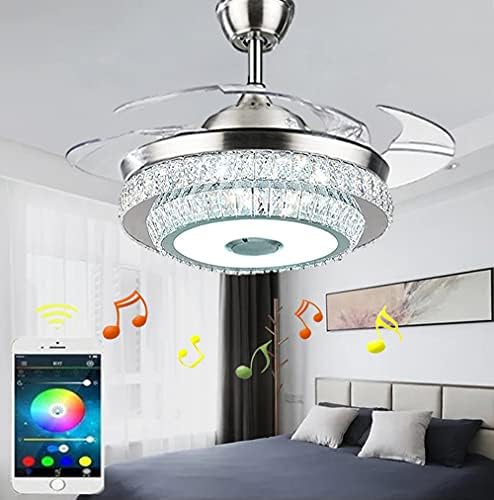 42inch Bluetooth Kristalna stropna ventilatorska svjetla sa muzičkim plejerom i Lusterom na daljinsko upravljanje, Fandelier sa uvlačivim oštricama sa 3 brzine 7 boja sa mogućnošću zatamnjivanja uključen LED komplet