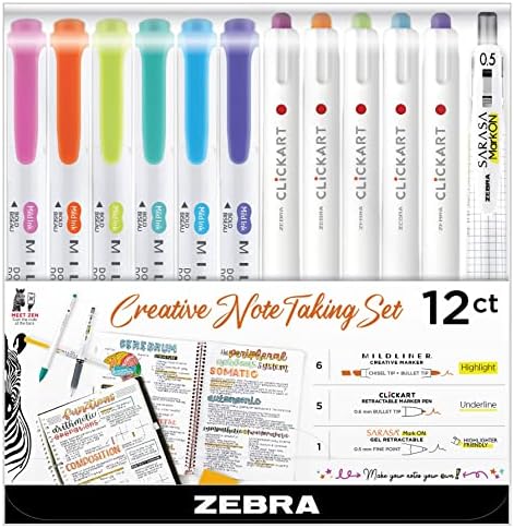 Zebra Pen Creative Set za notama, uključuje 6 highlightera, 5 Clicking uvlačivi marker olovke i 1 sarasa uvlačivo gel olovke, asortirane