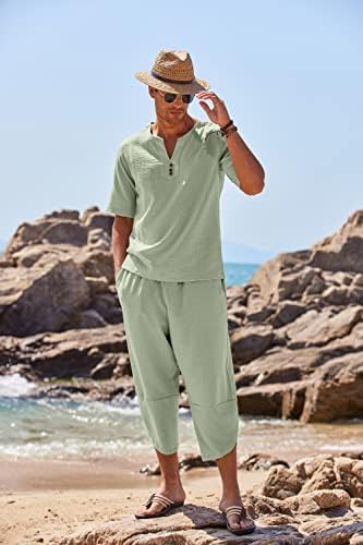 Coofandy muške 2 komada posteljina Henley majica kratki rukav i harem kapri hlače široke noge bager plaže joga pantalone odijelo