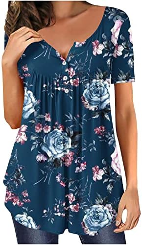 Ženski vrhovi sakriju trbuh tunika 2023 ljetne kratke rukave cvjetne od tiskane bluze sklupčaju Henley T majice za gamaše