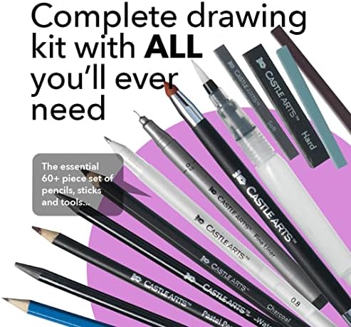 Dvorac Umjetni materijal 60 komada Crtanje i skiciranje set | Kvalitetni grafit, ugljen, pastel, vode topljive olovke + štapići, fineliners