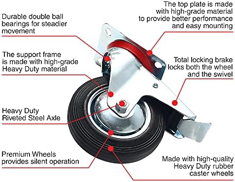 Lot od 4, 6 okretni kotačić Crni točkovi gumena baza sa gornjem pločom & amp; ležaj za teške uslove rada sa kočnicom, kapacitet 2000