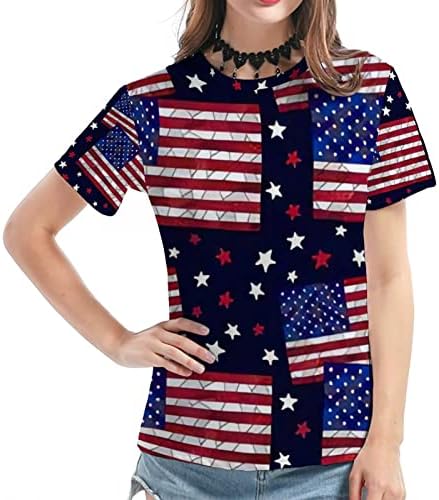 Žene patriotske majice Dan neovisnosti Stripe Stripes Resipted Ljetni casual okrugli vrat kratki rukav bluza na vrhu