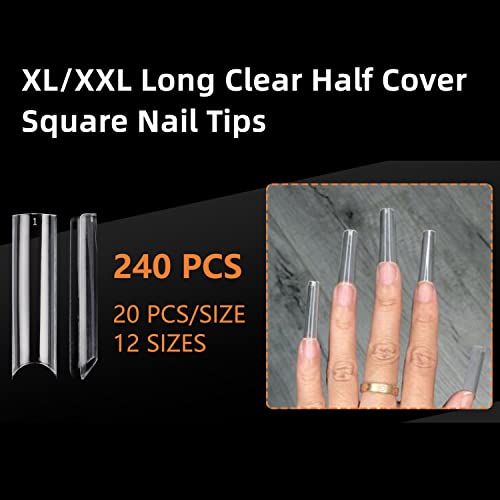 Clear Square Acrylic Nail Tips, 240PCS XXL Extra Long C Curve lažni Savjeti za nokte za akrilne nokte Professional, Half Cover ravni