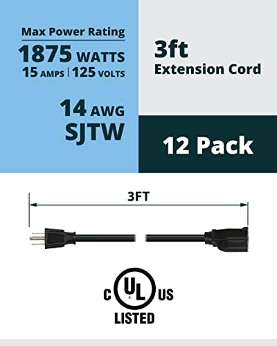 Lightkiwi 3FT dodatna kabela, 12-pakovanje, 14AWG SJTW kratki produžni kabel, 15A 125V 1875W, 3 prongne za napajanje, nema 5-15P do