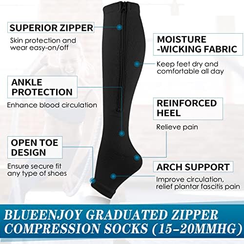 BLUEJOY kompresijske čarape sa patentnim zatvaračem - 2 Para 15-20mmhg otvorene kompresijske čarape bez prstiju za žene i muškarce