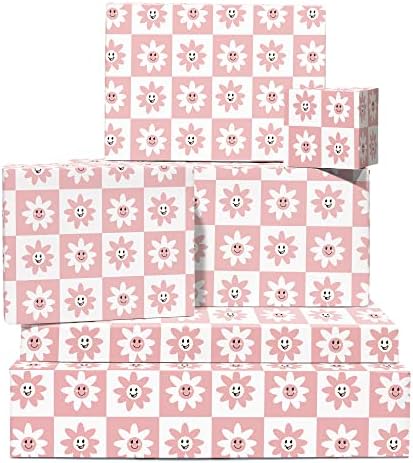Centralni papir za umotavanje 23 tratinčice - 6 listova Zamotavanja poklona - cvjetni papir za umotavanje za djevojčice rođendan-za žene - ružičasto provjereno-dolazi sa zabavnim naljepnicama