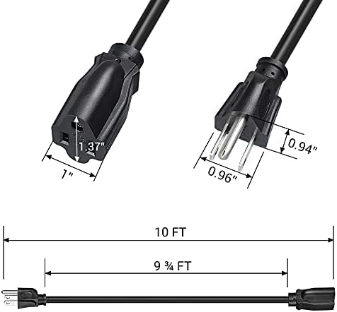 Dewenwils produžni kabel 10ft, 14/3 SJTW Vremenski pogonski kabl za unutarnju upotrebu na otvorenom, 3 PRONG HEADY AUTORY CORD, BLACK,