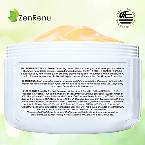 Zenrenu Hemp Turmeric Cream - Joints & Muscle Relaxer Cream with Arnica, MSM, Hemp Oil Extract, & Boswellia - non mastan & Fast Absorbing