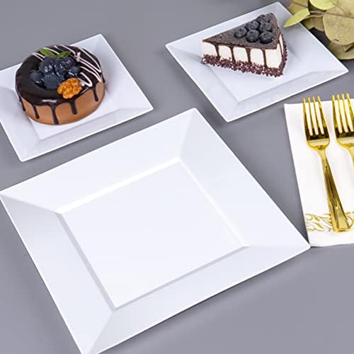 Goodluck 60 pakovanja kvadratnih plastičnih ploča za jednokratnu upotrebu, teški 30kom tanjiri za večeru 9,5 i 30kom desertni tanjiri 6,5, otmjeni tanjiri za jednokratnu upotrebu za vjenčanje, prazničnu zabavu, rođendan, bijeli