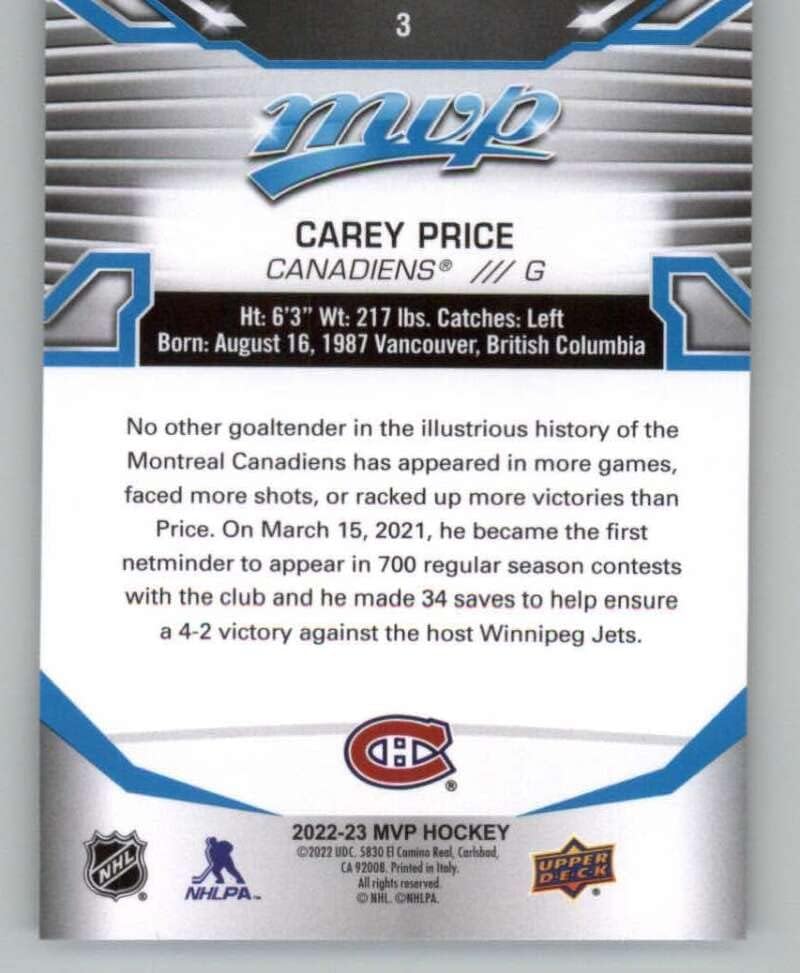 2022-23 Gornja paluba MVP 3 Carey Cijena Montreal Canadiens NHL hokejaški trgovačko karta