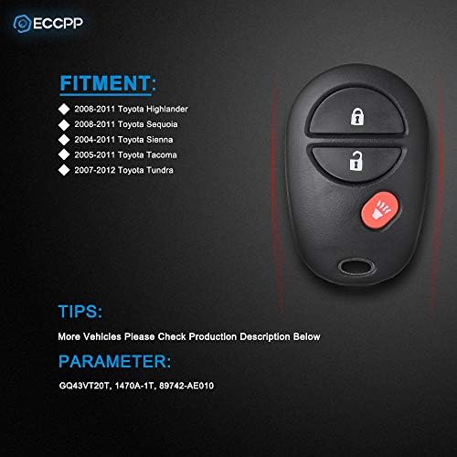 Eccpp zamjena za 315mhz daljinski privjesak za ključeve bez ključa za Toyota Highlander / Sequoia/Sienna/Tacoma / Tundra