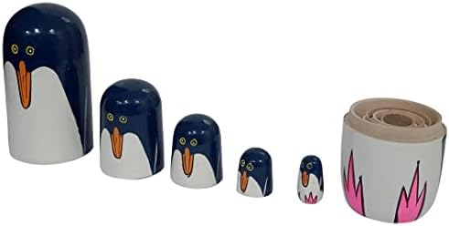 Purpledip Drvene zglobne lutke Penguin: Set od 5 ručnih oslikanih ruskih ukrasnih kutija Matryoshka