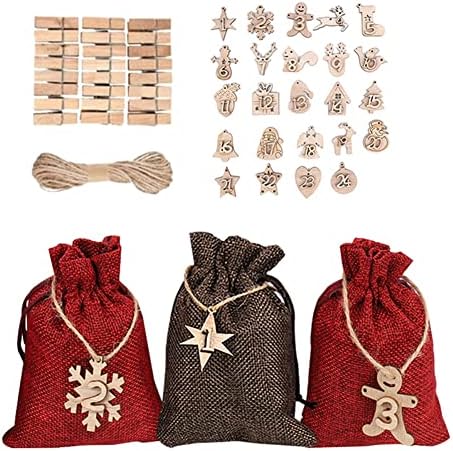 U-BUYHOUSEChristmas Advent Calendar torbe za 2021,24 dana kalendar odbrojavanja Burlap viseći poklon torbe za slatkiše Set, drvene