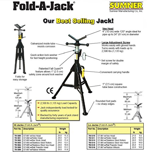 SUMNER 781306 ST-887 Hi Fold - a-Jack, gumeni točkovi, 28 do 49 Podesiva visina, 2500 lb. Kapacitet