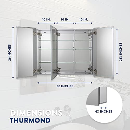 Croydex Thurmond tri-View, ugradbeni ili površinski ormarić za lijekove, 30W x 26h, Aluminijum