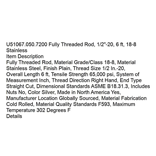 Zamjena U51067.050.7200 Potpuno navojna šipka, 1/2 -20, 6 Ft, 18-8