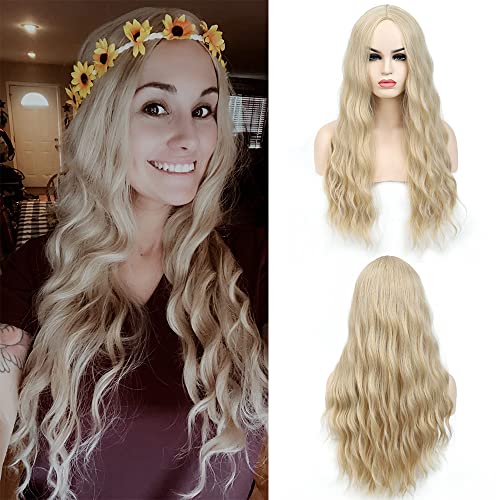 SHINYSHOW Long Blonde valovite perike 2 Tone Ombre plava Sintetička Cosplay perika za Noć vještica za žene dugi srednji dio plave