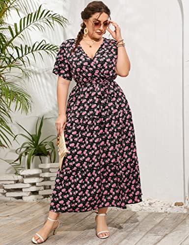 ShopWonder Womens Plus Veličina V omotač izreza Maxi haljina s visokim strukom ruffle ljetna casual haljina s pojasom