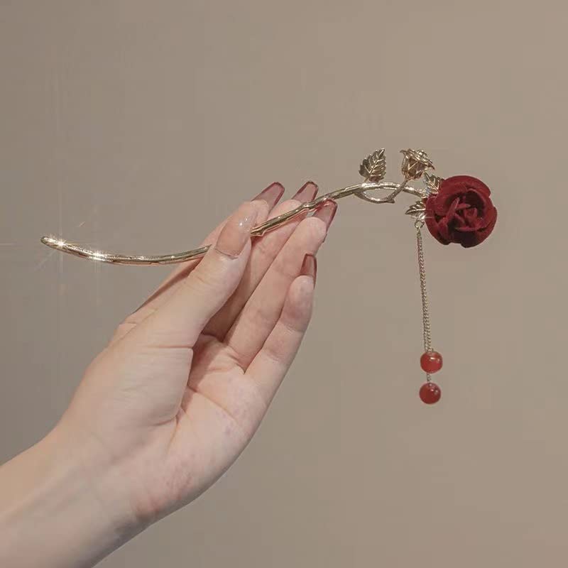 Rose Flower Hair Clips Kineski Stil Flocked Flowers Hair Sticks Metal Leaves Pearl Ressel Hairpin Privjesak Hair Accessories Kineski Retro Vilica Za Kosu Flower Decor Modni Nakit Za Žene