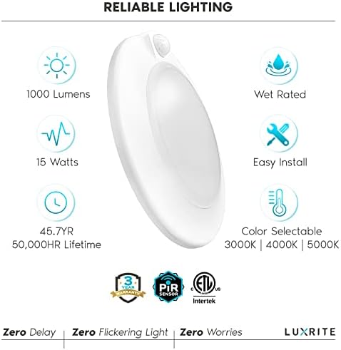 Luxrite od 6 inča LED senzor motiona, 120V, 3 boje koji se može odabrati 3000k-5000K, 30S vremensko ograničenje, 15W, 1000 lumena, mokri ocijenjeno, automatsko učvršćivanje za ulaz, hodnik, hodnik