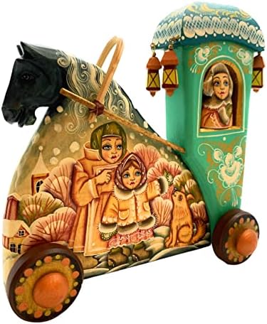 Drveni valjani konj Novogodišnji kolica izrezbarena iz drveta i farbasti ruski obrtnik. Kuća za odmor Božićne novogodišnje poklon.Handmade