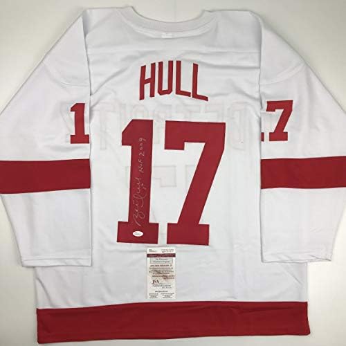 AUTOGREMENA / POTPISAN BRETT HULL HOF 2009 Detroit Bijeli hokej dres JSA COA