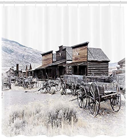 Ambesonne zapadno tuš zavjesa, stari drveni vagoni od 20-ih u gradu Ghost Town Antique Wyoming felne Art Print, Tkanina od tkanine