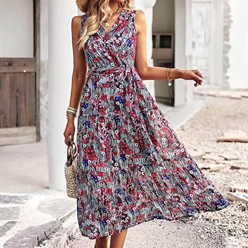 Proljetna i ljetna haljina za žene 2023 Štampanje modnih povremenih dame bez rukava s malim veznim haljinama V-izrezom