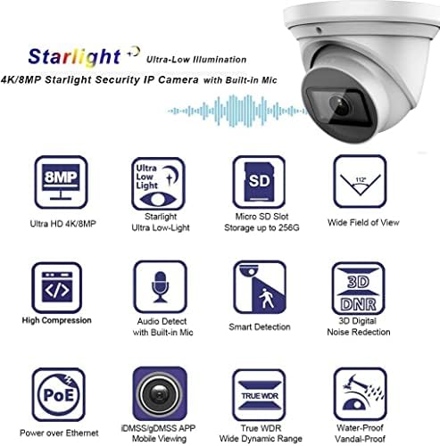 Vikviz ultra 4K 8MP POE IP Starlight kamere, CCTV Video nadzor sigurnosti fotoaparata sa ugrađenim mikrofonom, 98ft noćnim vidom,