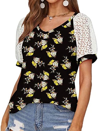Ženska ljetna čipka kratkih rukava V izrez Elegantna majica slatka cvijeća grafička labava casual cove bluza