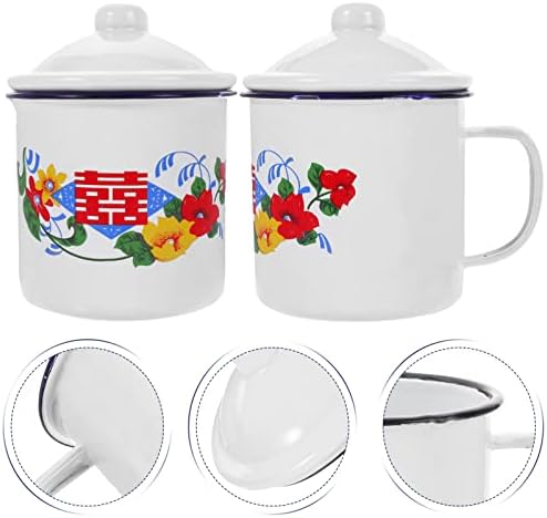 Alipis kava putnička šolja 2pcs emajl čaj za čaj kineski šolji za kafu kampiranje 500ml čaše za piće sa poklopcem i ručka cvjetni