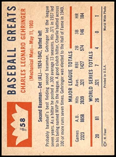1960. fleer # 58 Charlie Gehringer Detroit Tigers NM Tigers