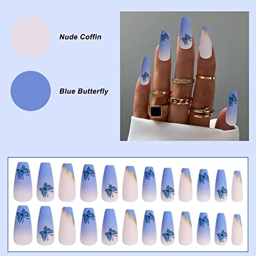 Leptir kovčeg lažni nokti mat plava akrilna presa na Glitter gradijent puni poklopac lažni Savjeti za nokte Art DIY