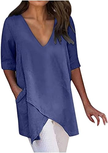 Vrhovi za žene pamučne platnene bluze casual kratkih rukava V izrez TUNIC TEES PLUS size košulje u boji sa džepovima