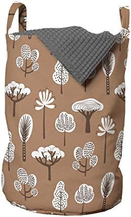 Ambesonne Botanička torba za veš, kontinuirani elementi drveća i biljaka u ilustraciji zemljanih tonova, korpa za korpe sa ručkama