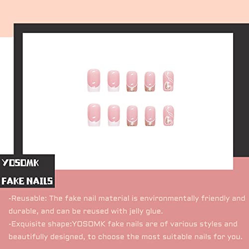 YOSOMK Francuski Tip Press na noktima kratki kvadratni lažni nokti sa dizajnom srca goli ružičasti lepak na veštačkim noktima sjajni