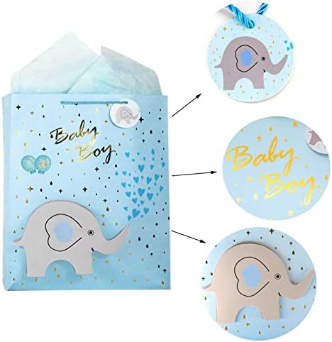 Cuterei Poklon 16.5 Extra Veliki poklon torbe s 3D slonom za bebe za bebe sa papirom za tkivo i čestitka