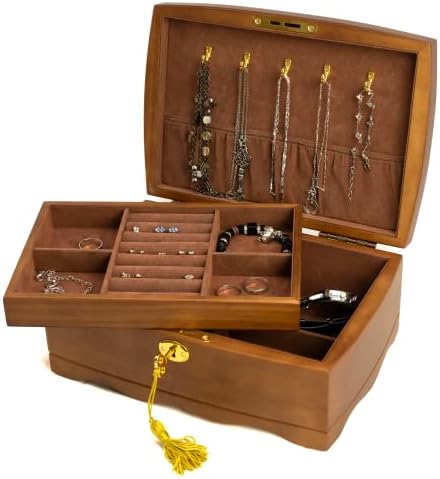 Eurielk Drvena kutija za nakit sa bravom & ključ za žene, srednje veličine pravog prirodnog drveta koje se može zaključati antikne