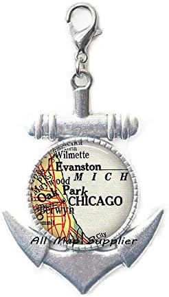 AllMapsupplier modni sidreni patentni zatvarač Chicago Map Sidrilica Zipper Pull, Chicago Karta Jastog kopča, Chicago Sidro sa zatvaračem