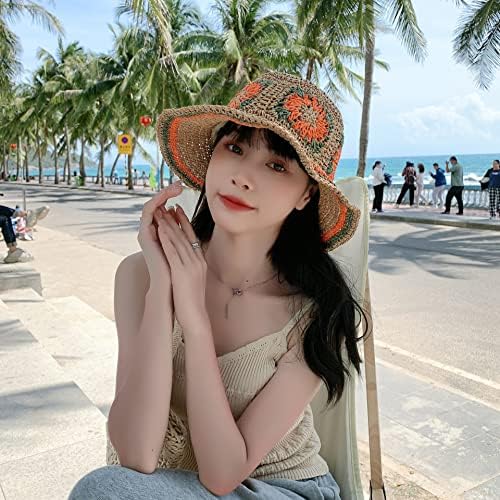 Ženske slame sunčeva šešir utkani kašika cvjetni ribolov šešir na plaži Sklopivi kapa ljetna šik slama šik šešir